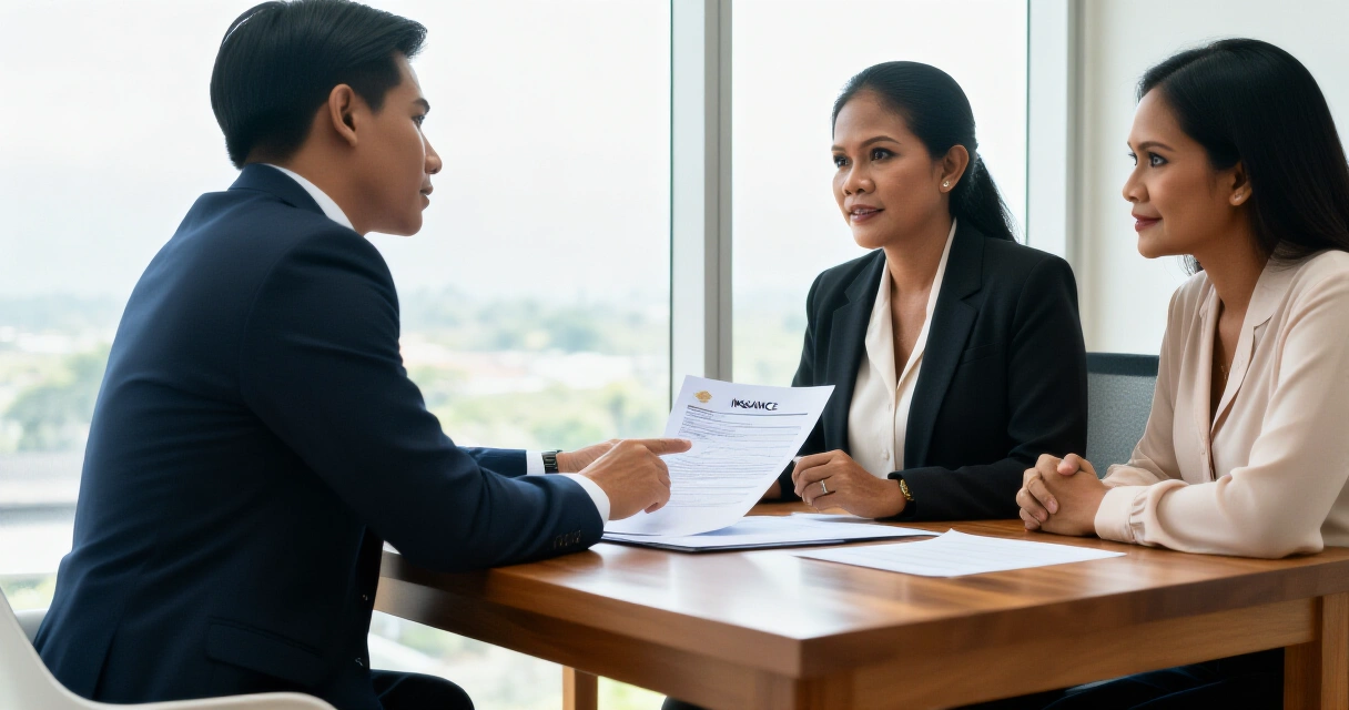 Insurance agent na nagpapaliwanag ng kontrata sa mag-asawang Pilipino