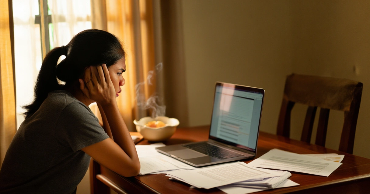 Isang Pilipinang freelancer na nagtatrabaho sa bahay, mukhang nag-aalala habang nakatingin sa laptop