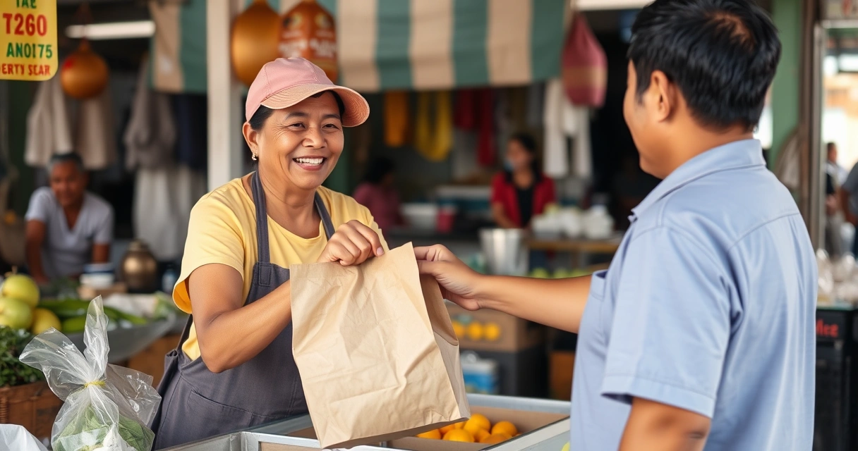 Nagtitindang Pilipino na nakangiti habang iniaabot ang paninda sa kustomer sa palengke