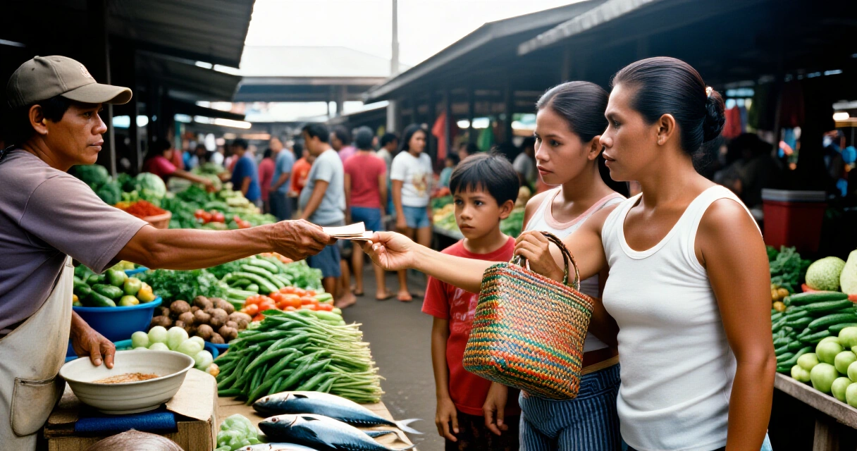 Pamilyang Pilipino namimili sa palengke habang tumataas ang presyo ng bilihin