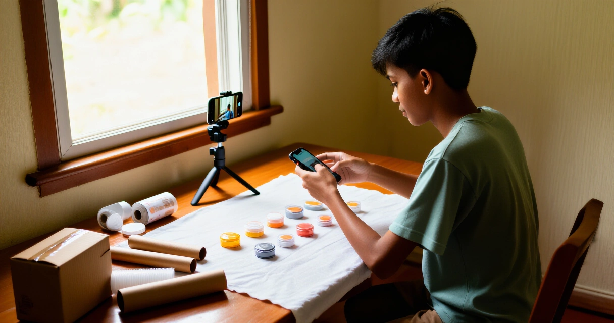 Batang Pilipino na naghahanda ng produkto para sa online selling sa bahay