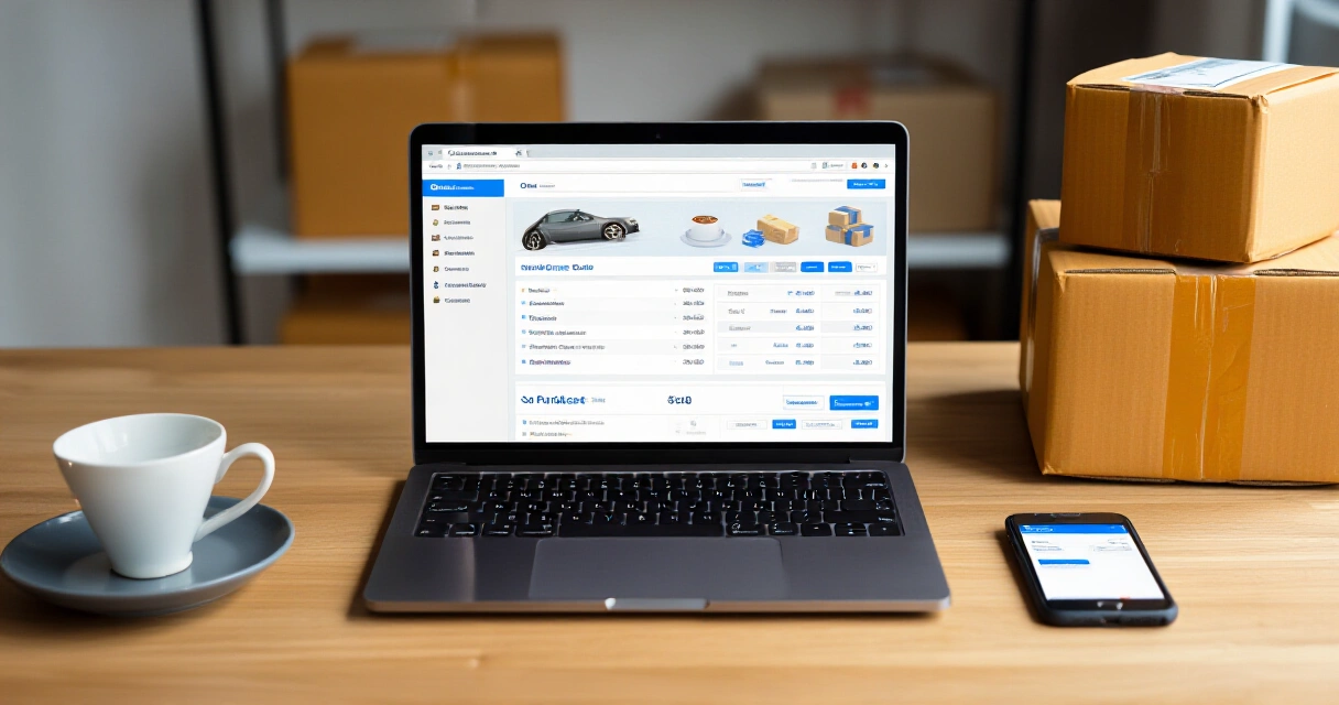 Online reselling setup sa bahay na may laptop, cellphone at mga padadalang parcel