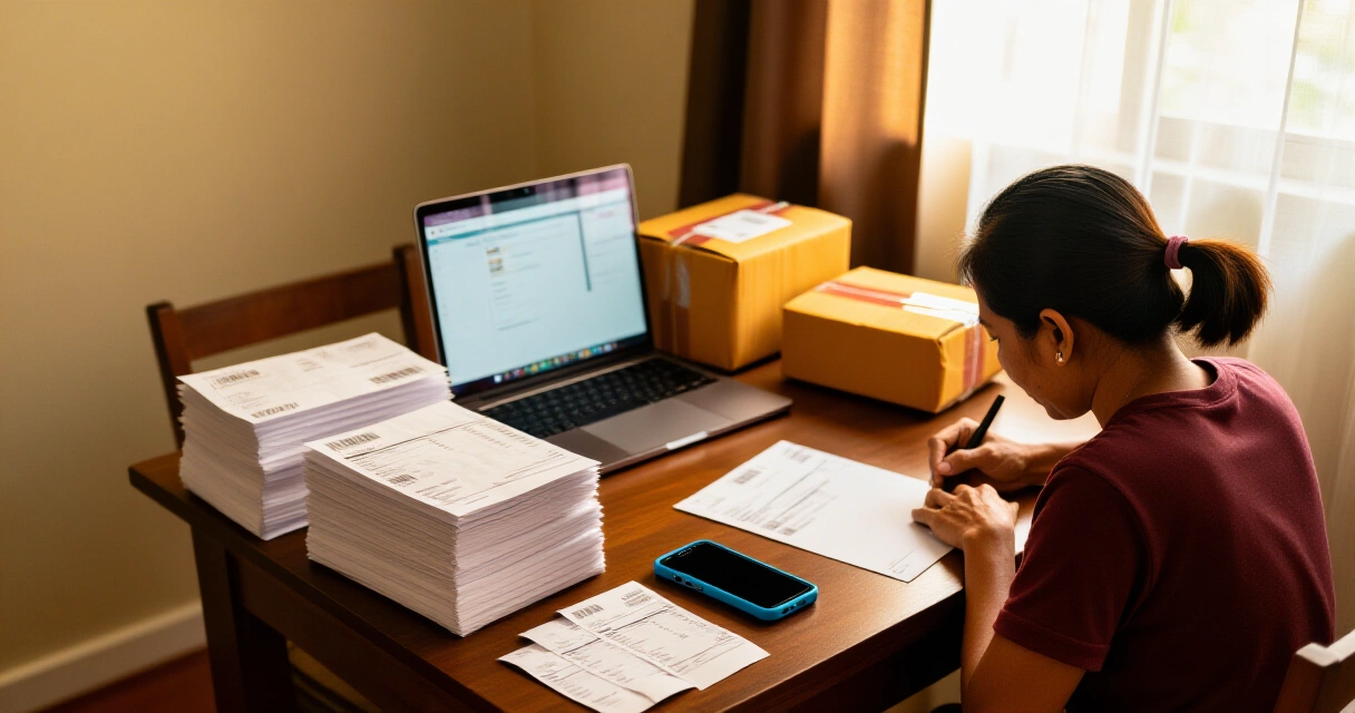 May-ari ng online shop na nag-aayos ng mga resibo at parcel sa bahay