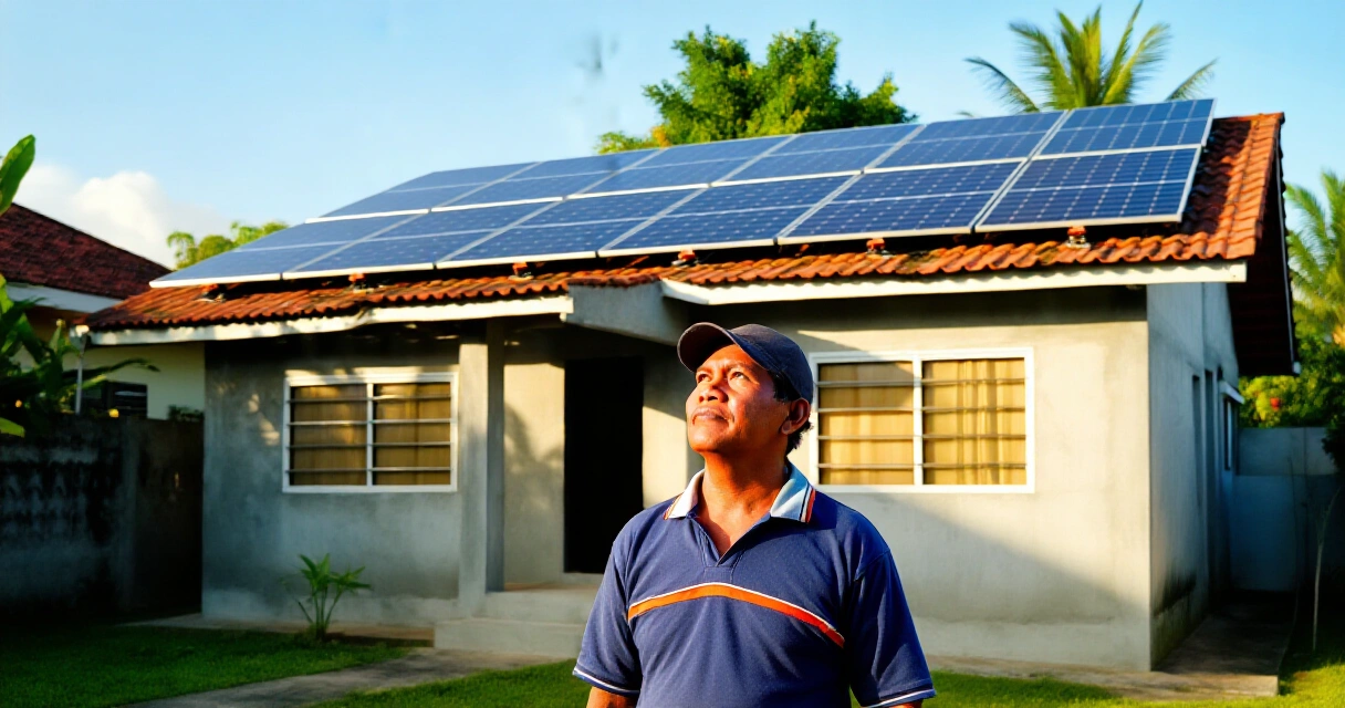 Homeowner sa Cavite na nakatindig sa harap ng bahay na may solar panels sa bubong