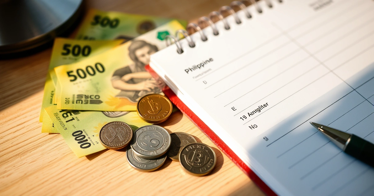 Pisong Pilipino at barya katabi ng maliit na ledger para sa pamamahala ng pera ng negosyo