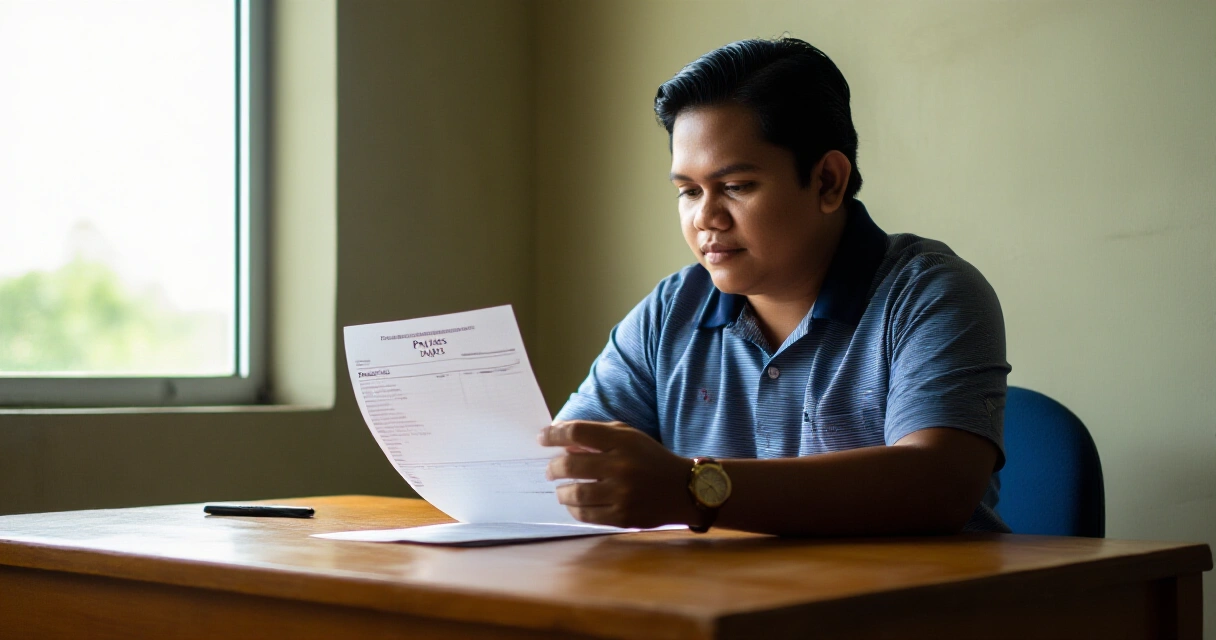 Empleyadong Pilipino na sinusuri ang kanyang payslip malapit sa bintana