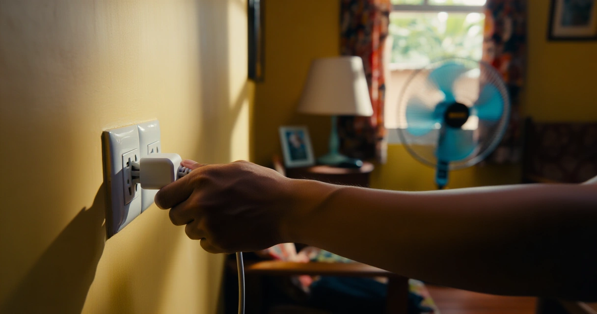 Kamay na nagsasaksak ng smart plug sa outlet ng bahay para subaybayan ang kuryente