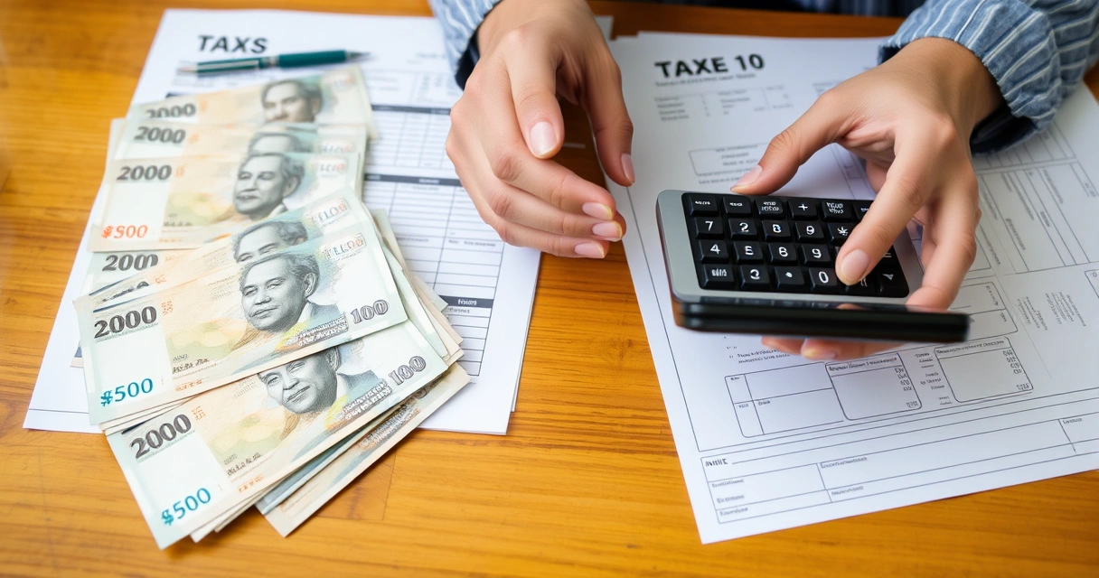 Pagkukuwenta ng buwis gamit ang calculator at peso sa mesa