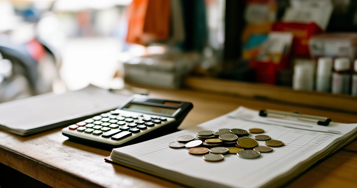 Calculator, barya, at ledger sa mesa na nagpapakita ng pag-compute ng gastos at kita ng negosyo