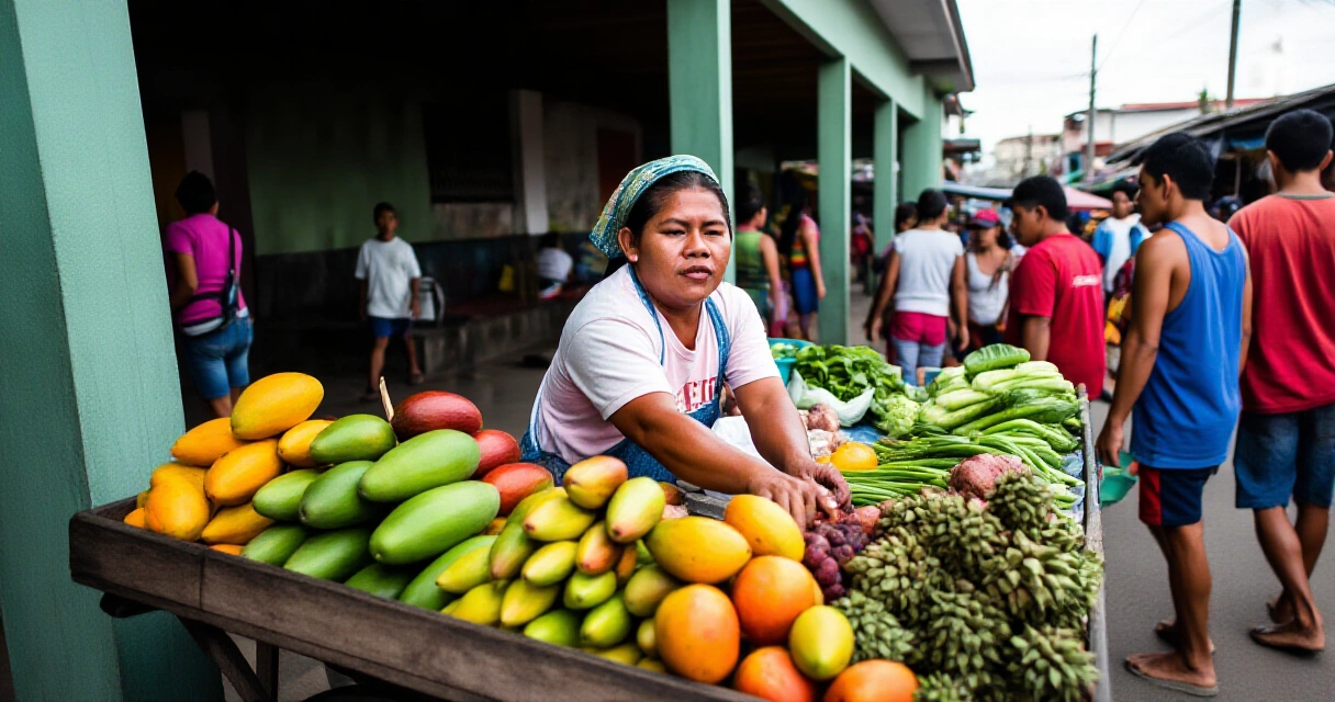 Isang Pilipinong tindero na nagaayos ng mga prutas at gulay sa palengke &mdash; halimbawa ng diskarte sa pang-araw-araw na buhay