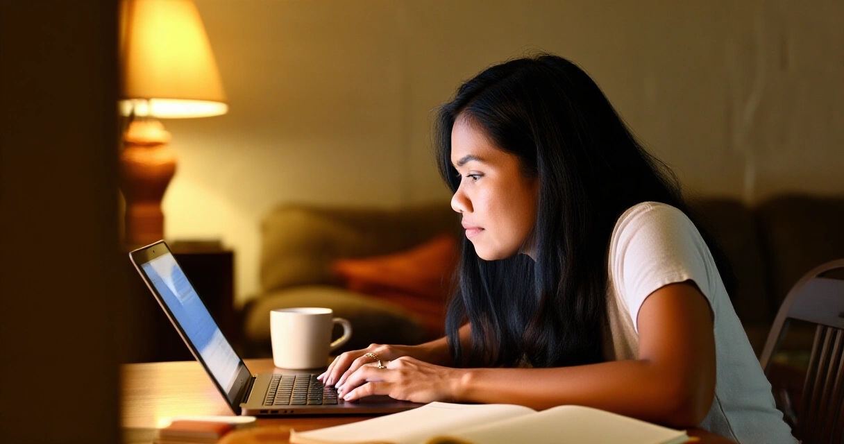 Pilipinang empleyado na nagtatrabaho sa laptop sa bahay para sa kanyang sideline