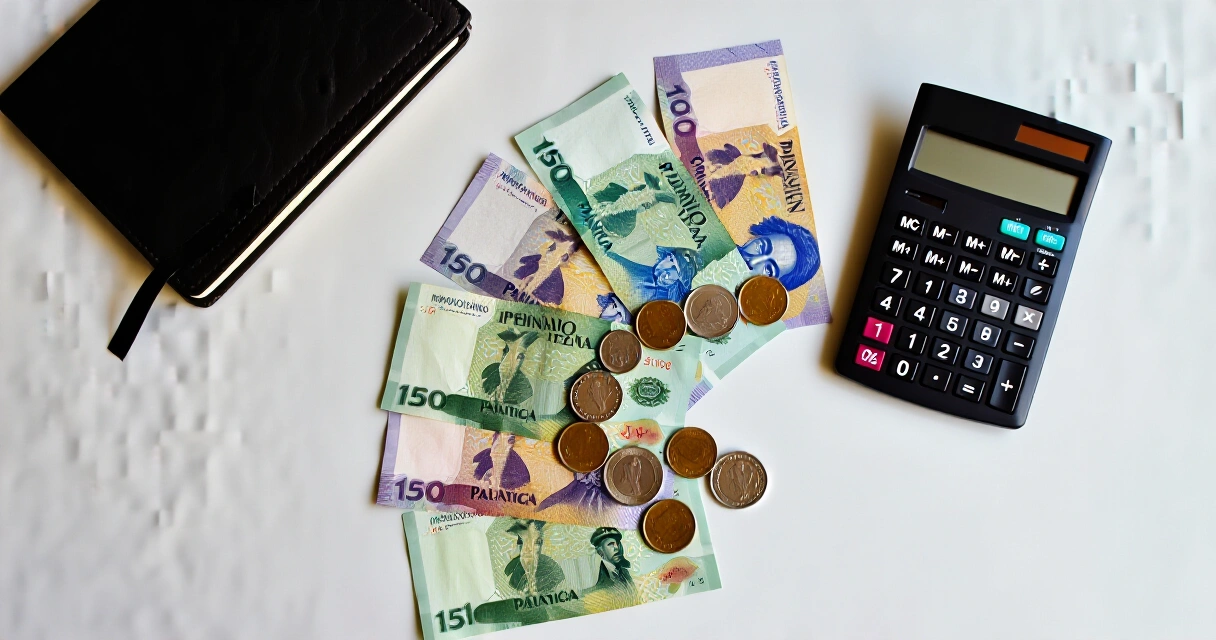 Peso bills, calculator at notebook para sa pagpaplano ng pagbabayad ng utang