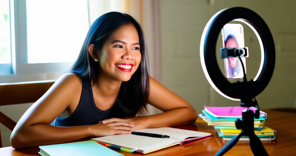 Batang Pilipina na nag-rerecord ng video para sa content creation sa bahay