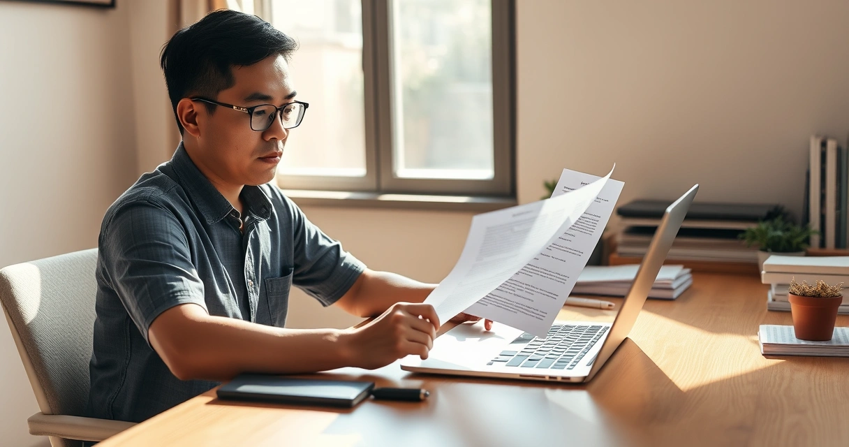 Pinoy freelancer na maingat na binabasa ang isang freelance contract sa harap ng laptop