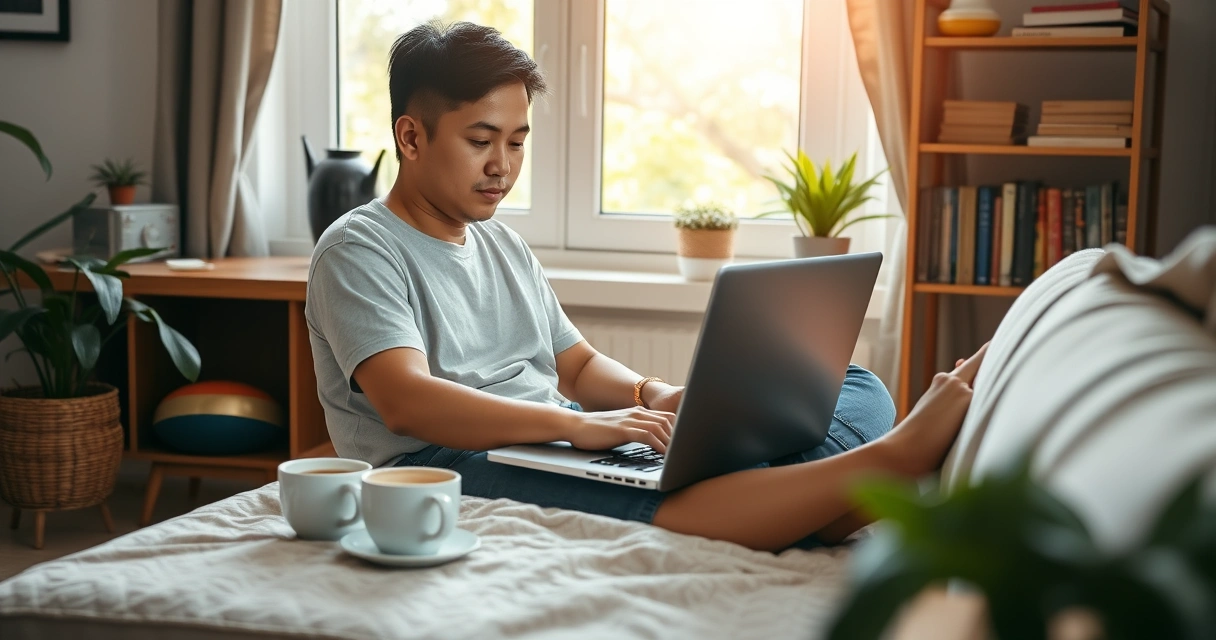 Pinoy freelancer na nagtatrabaho sa laptop sa loob ng bahay
