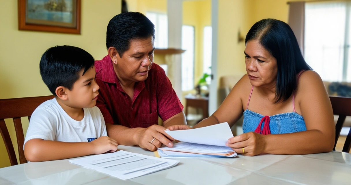 Pamilyang Pilipino na sama-samang nagrerepaso ng mga dokumento ng insurance sa bahay