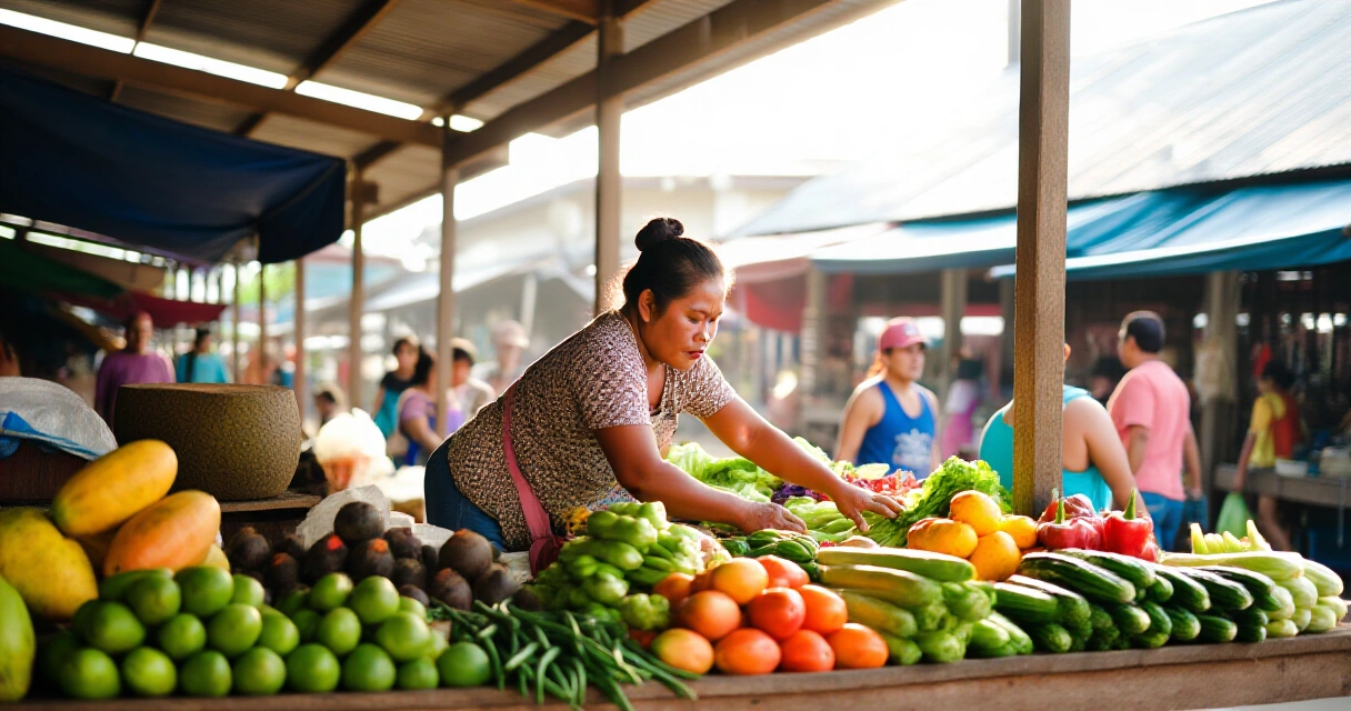 Isang maparaan na Filipino vendor sa palengke — simbolo ng diskarte sa pang-araw-araw na buhay