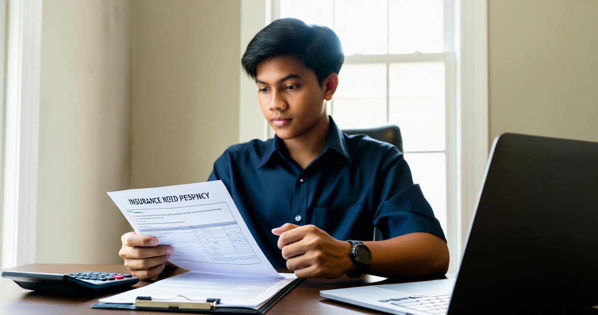 Pinoy na nagbabasa ng polisiya ng insurance sa harap ng laptop at calculator