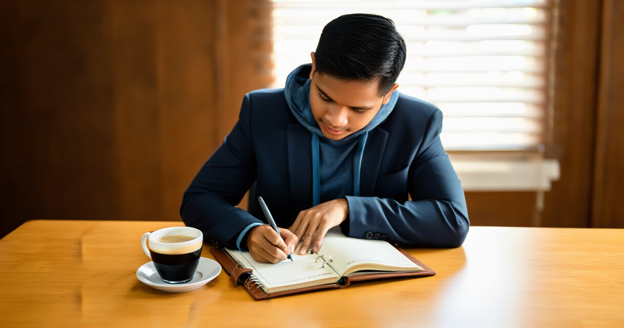 Pilipinong propesyonal na nagsusulat ng plano sa notebook