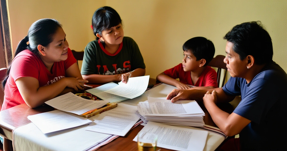 Pamilyang Pilipino na sama-samang tumitingin sa mga dokumento ng insurance sa bahay