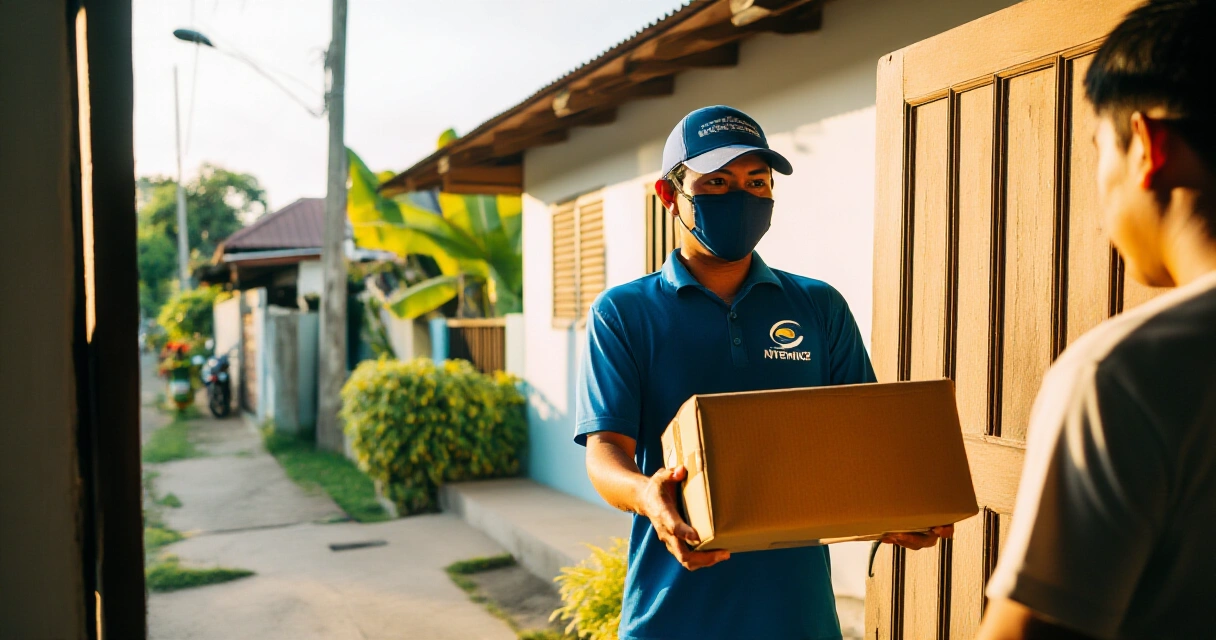 Delivery rider na naghahatid ng parcel sa customer mula sa isang online negosyo sa Pilipinas