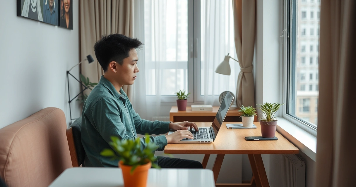 Pinoy freelancer na nagtatrabaho sa laptop sa bahay habang gumagamit ng Fiverr