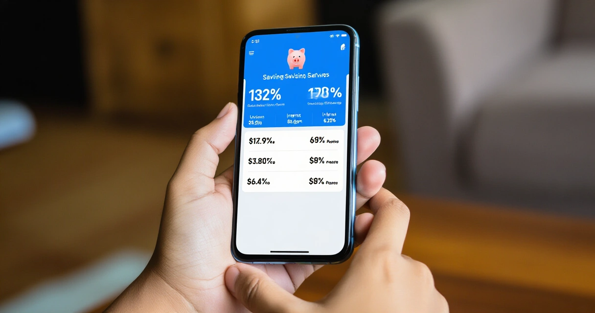 Kamay na hawak ang smartphone na nagpapakita ng savings app na may interest rate sa piso