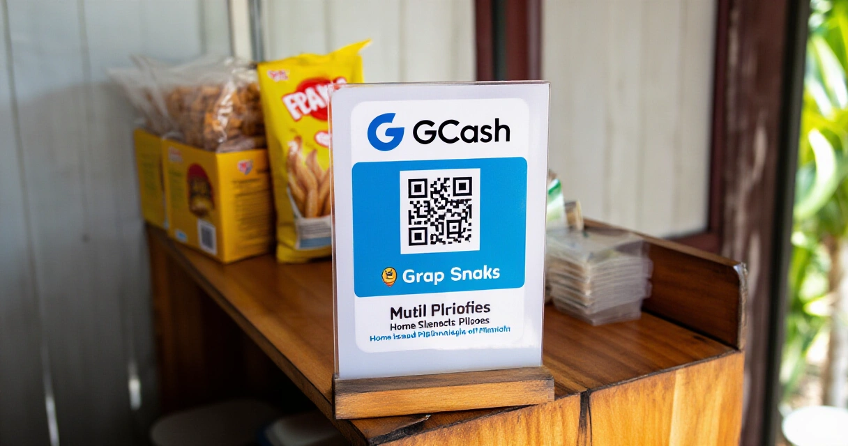 GCash QR code sign sa counter ng maliit na negosyo sa bahay ng Pilipino
