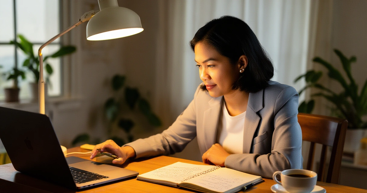 Pilipinong empleyada nagtatrabaho sa sideline sa bahay sa gabi