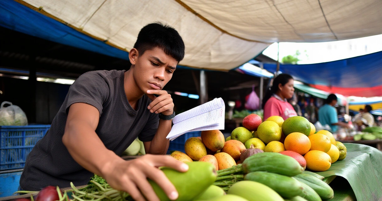 Isang madiskarteng Pilipinong negosyante sa palengke, nagtatrabaho nang may matalinong plano