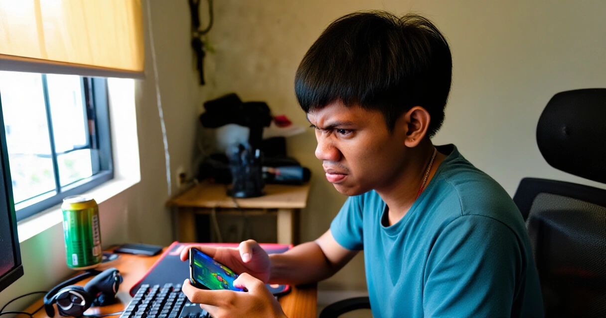 Batang Pilipino na naglalaro ng mobile game sa kanyang smartphone sa bahay