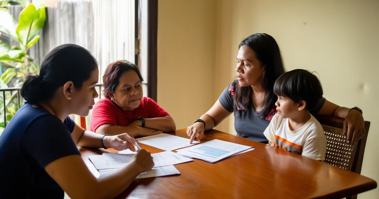 Pamilyang Pinoy na sama-samang tumitingin sa mga dokumento ng insurance sa hapag-kainan