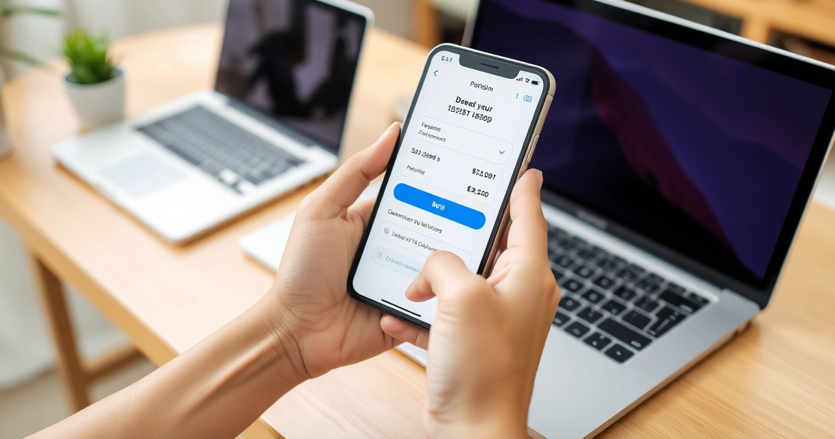 Pinoy freelancer na tinitingnan ang payment app sa cellphone habang nagtatrabaho sa laptop