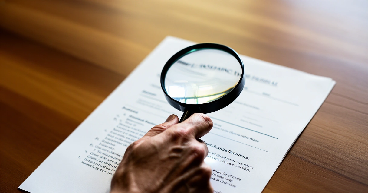 Kamay na may magnifying glass na maingat na sinusuri ang dokumento ng insurance policy