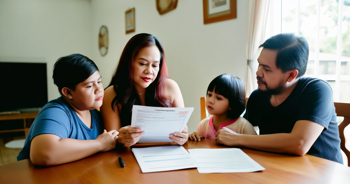 Pamilyang Pilipino na sama-samang sinusuri ang mga dokumento ng insurance sa loob ng bahay