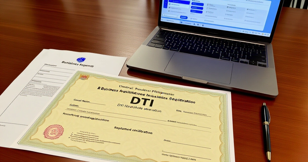 Mga dokumento ng pagpaparehistro ng negosyo kasama ang DTI certificate sa mesa