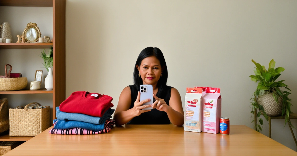 Babae sa bahay na kumukuha ng litrato ng produkto para mag-list sa Facebook Marketplace