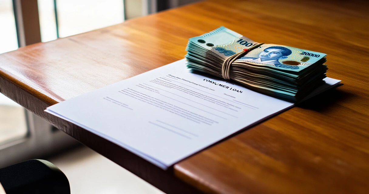 Philippine peso bills at loan contract, simbolo ng consumer finance sa Pilipinas