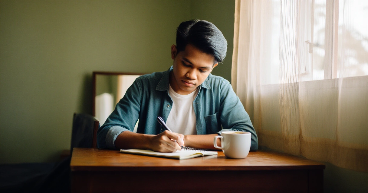 Batang Pilipinong propesyonal na nagpaplano at nagdidiskarte sa kanyang notebook