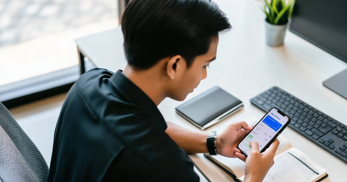Batang propesyonal na Pilipino na gumagamit ng cellphone para mag-transfer sa savings account