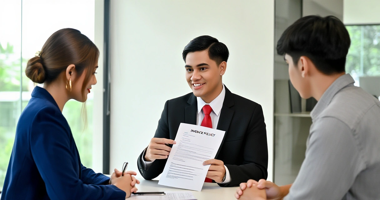 Insurance agent na nagpapaliwanag ng polisiya sa batang mag-asawang Pilipino