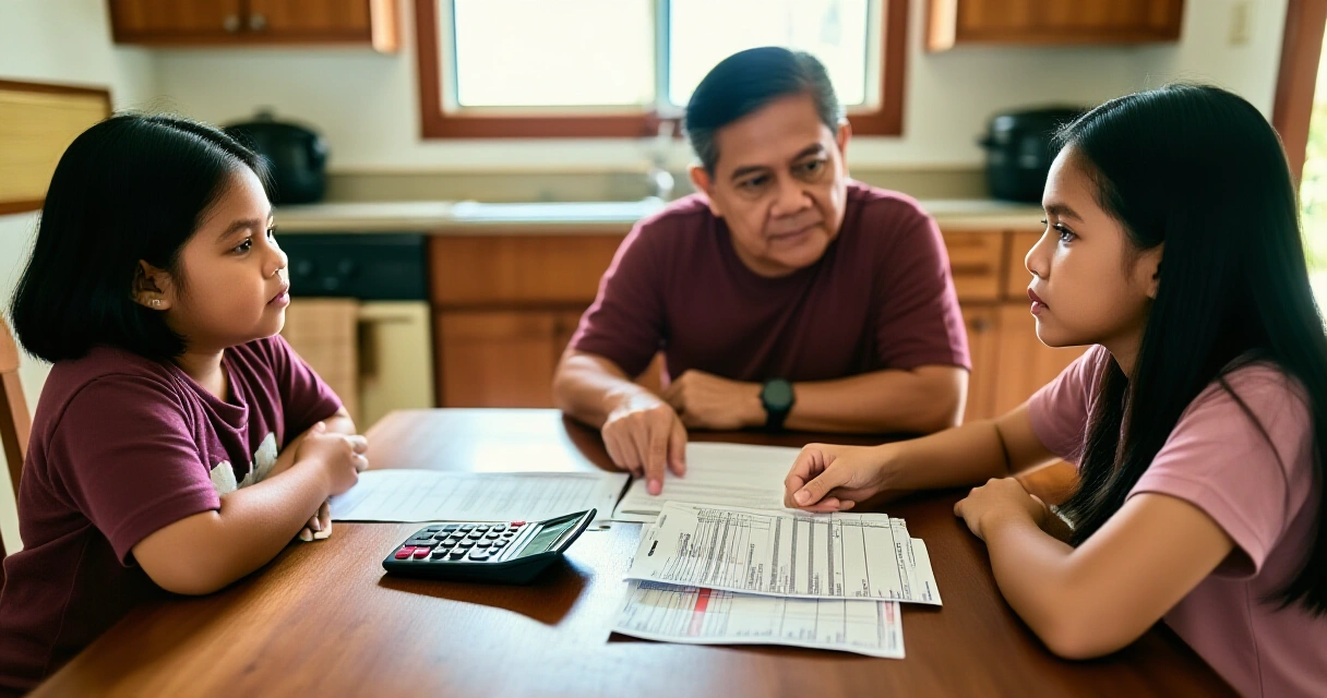 Pamilyang Pilipino nagre-review ng budget sa mesa, kalkulador at mga bayarin sa harap