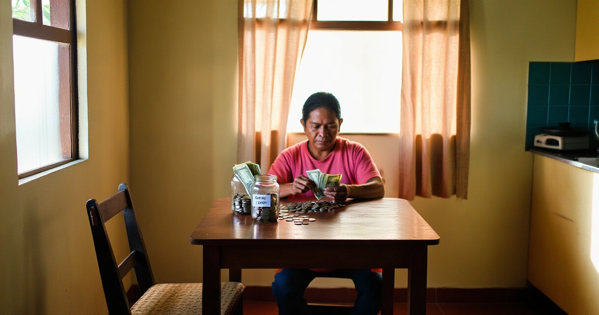 Pilipinong manggagawa na nagbibilang ng pera at naglilipat sa ipon jar sa bahay