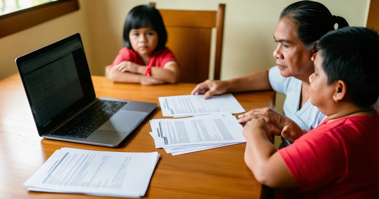 Pamilyang Pilipino na nagrerepaso ng mga dokumento ng insurance claim sa hapag