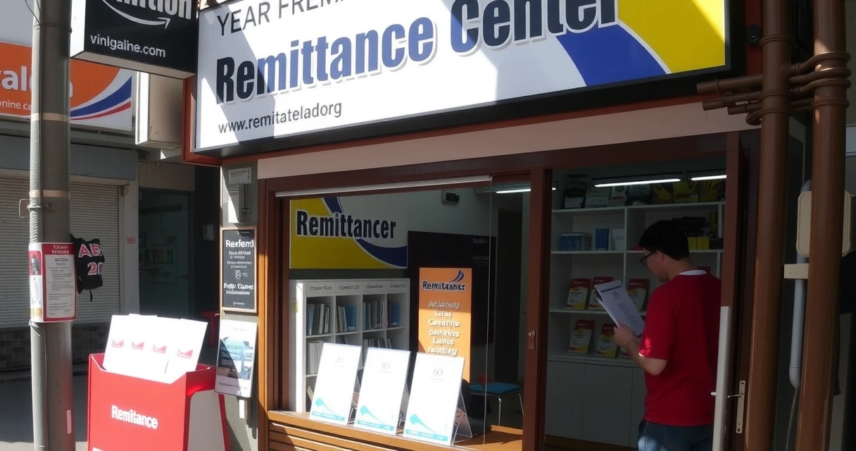 Isang remittance center sa isang masaganang kalye ng Pilipinas, naglilingkod ng customer sa counter