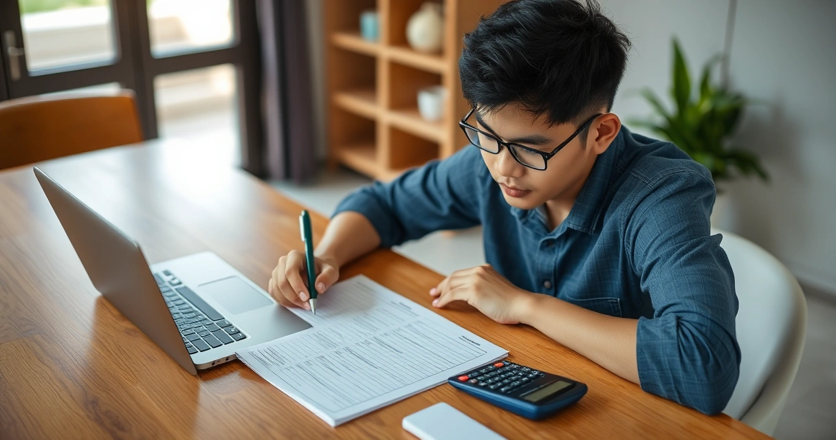 Negosyanteng Pilipino na nagpaplano ng badyet gamit ang notebook at calculator
