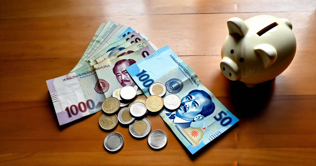 Mga piso at barya na nakakalat sa mesa kasama ang alkansya at walang laman na pitaka