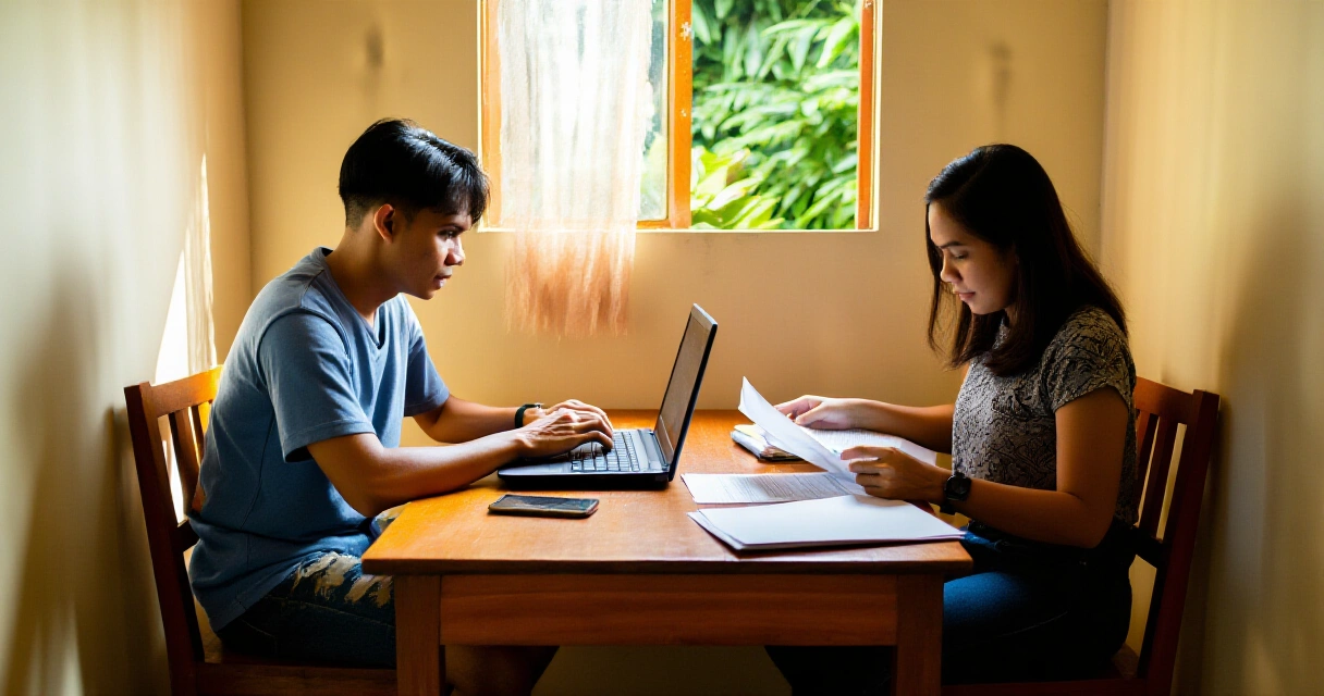 Magkasamang nagtatrabaho ang dalawang Pilipino gamit ang laptop sa simpleng home office