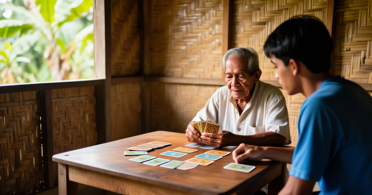 Matandang Pilipino na nagtuturo ng laro ng baraha sa isang kabataan bilang simbolo ng diskarte