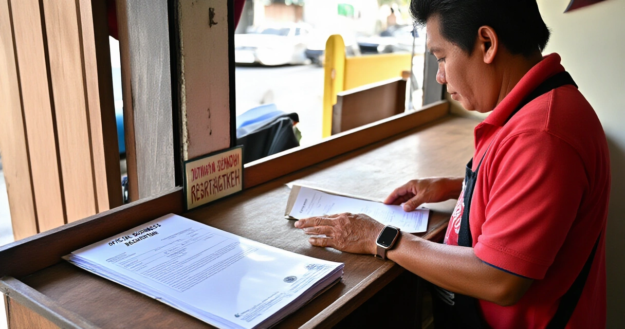 Maliit na negosyanteng Pilipino na inaayos ang mga dokumento para sa pagpaparehistro ng negosyo